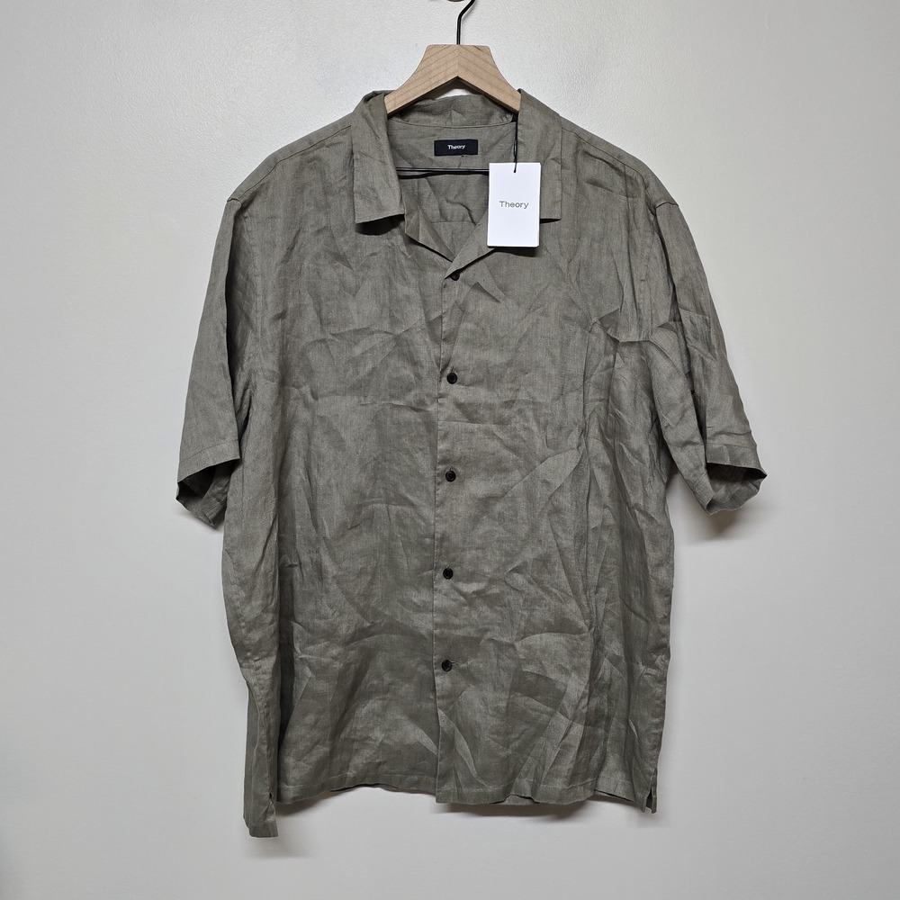 Theory Mens Baltic Precise 100% Linen Short‎ Sleeve Button Down Shirt Wasabi XXL